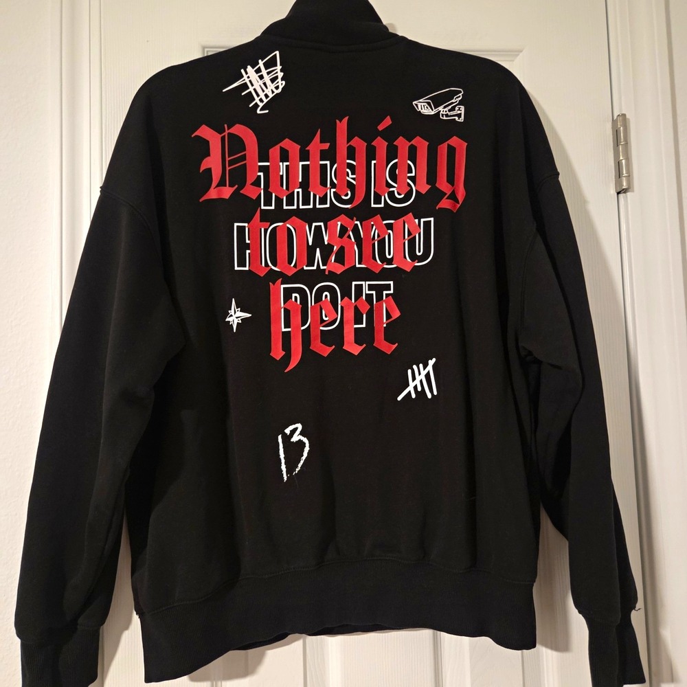 H&M Oversized Fit 1/4 Zip Pullover M Black Nothing To See Here Gothic Graphic